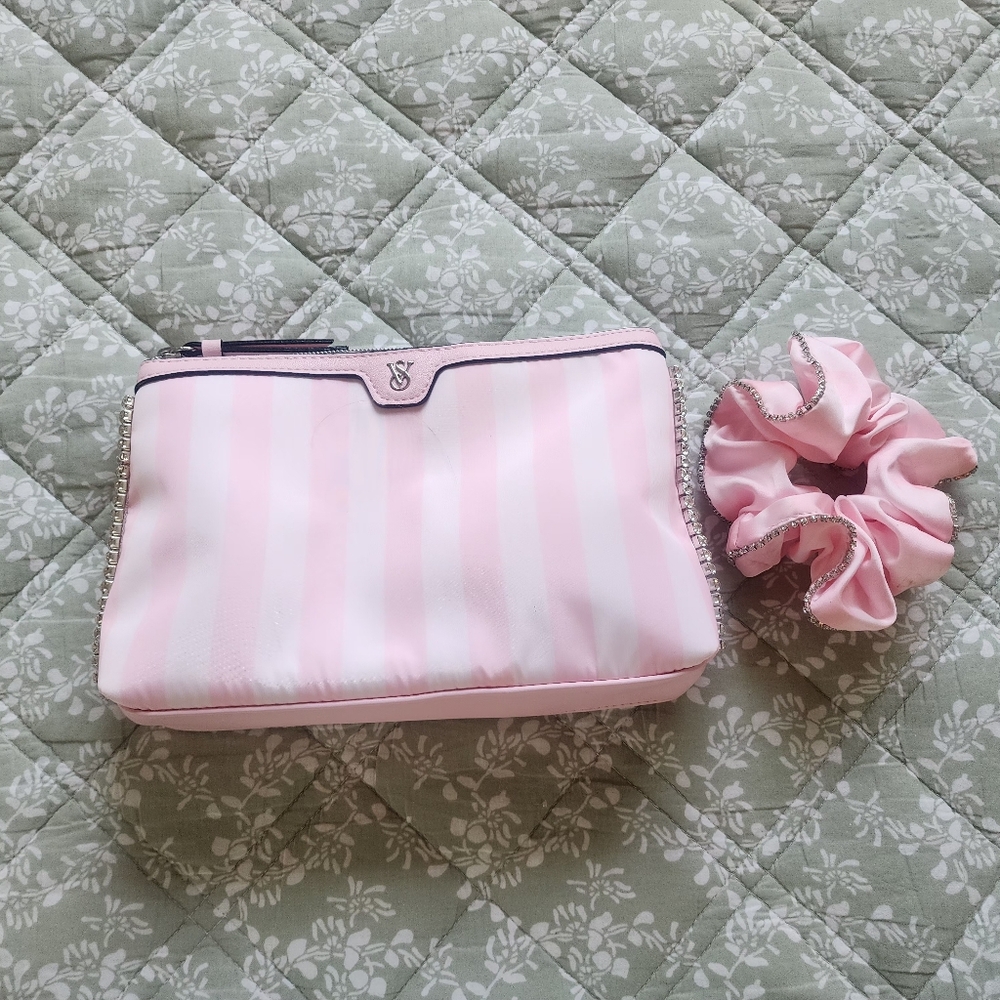 Victorias Secret Pink Striped Cosmetic Bag with Scrunchie